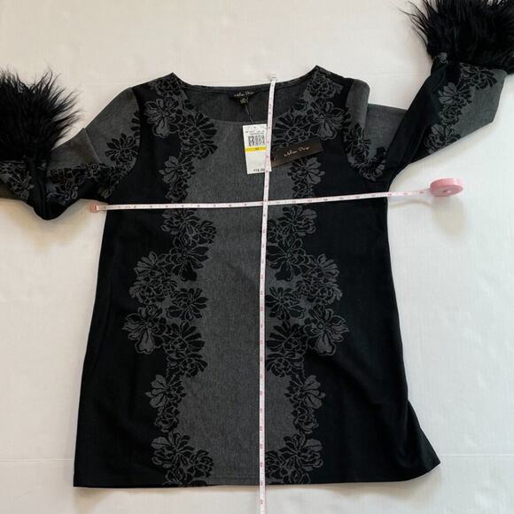 NWT, Melissa Paige Floral Gray, Black Sweater, Penny Lane Style Cuffs/Fur, M - Picture 10 of 14